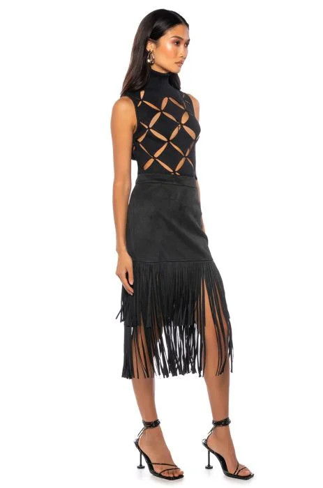 ON THE LOOKOUT FRINGE MIDI SKIRT IN BLACK | AKIRA