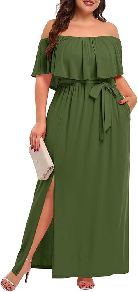 Plus Size Off The Shoulder Maxi Long Casual Beach Dress Pockets Women | Amazon (US)