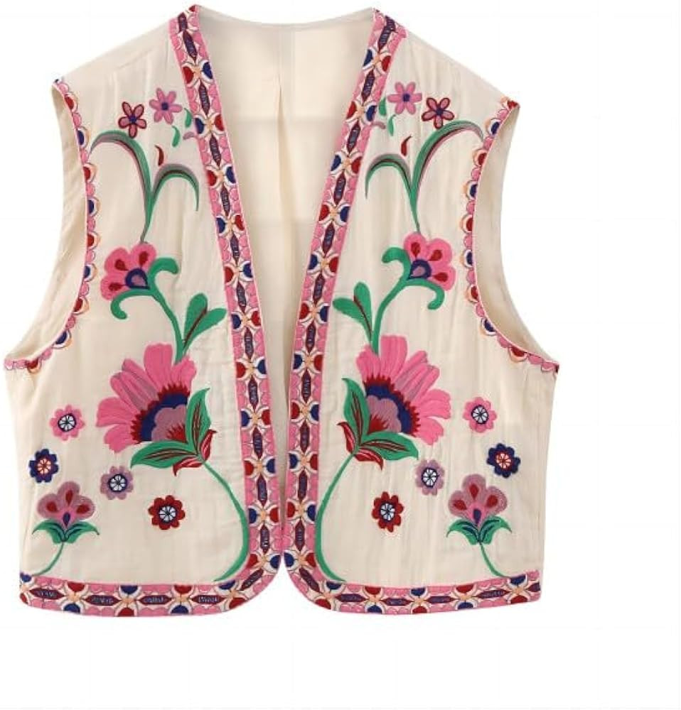 Women's Floral Embroidered Vest Boho Vintage Linen Vest Y2k Sleeveless 2024 Summer Waistcoat Top | Amazon (US)