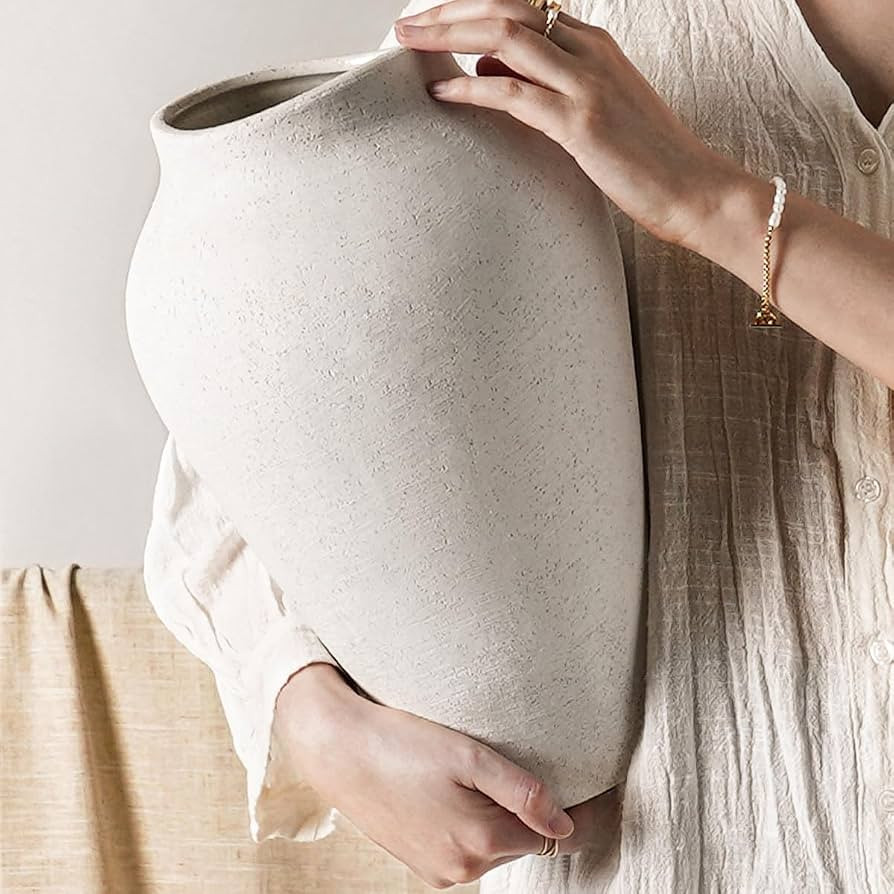 White Ceramic Vase - Large 13.6 Inch Tall Floor Vase for Centerpieces, Farmhouse Flower Vases, Ru... | Amazon (US)