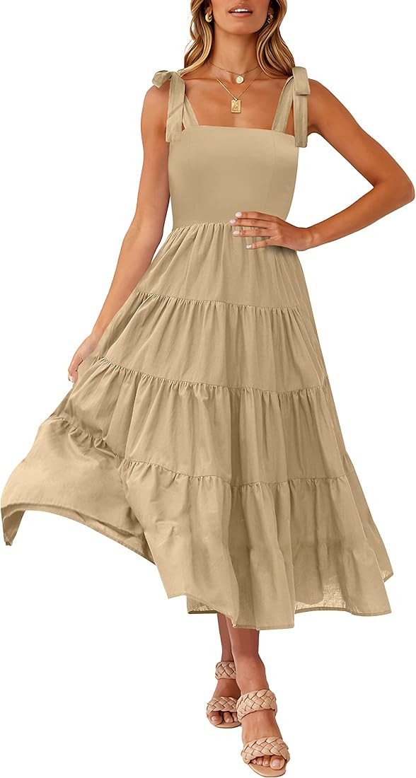 ANRABESS Women Tie Strap Sleeveless Square Neck Ruffle Dress High Waist A line Casual Boho Long D... | Amazon (US)