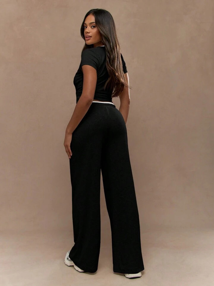 MISSGUIDED Sporty Two Piece Athletic Outfit Crop Top Wide Leg Pants Workout Leisure Set Tennis Ru... | SHEIN