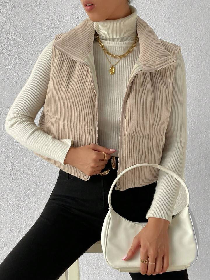 SHEIN EZwear Zip Up Corduroy Vest Puffer Coat | SHEIN