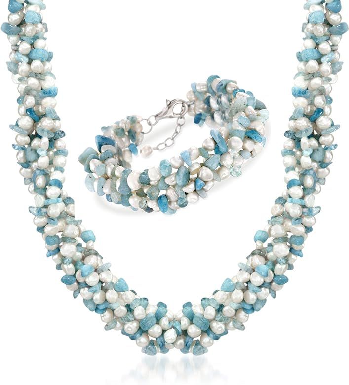 Amazon.com: Ross-Simons Aquamarine Bead and 5-6mm Cultured Pearl Torsade Necklace With Free Brace... | Amazon (US)