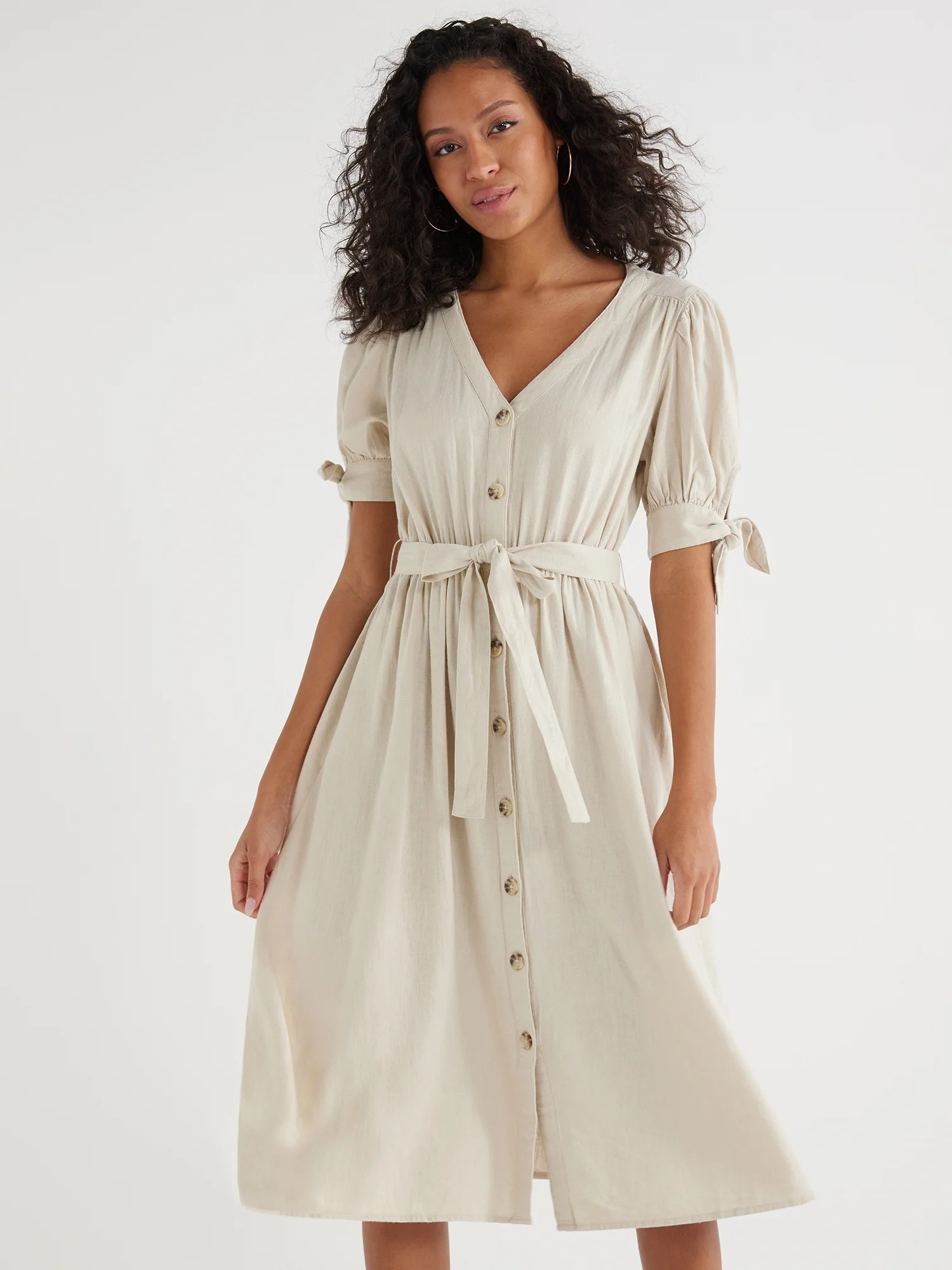 Time and Tru Women’s Tie Sleeve Linen Blend Midi Dress, Sizes XS-XXXL | Walmart (US)