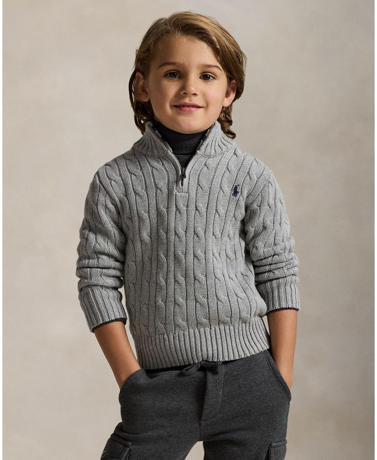 Polo Ralph Lauren Little and Toddler Boys Cable-Knit Cotton Quarter-Zip Sweater - Andover Heather | Macy's