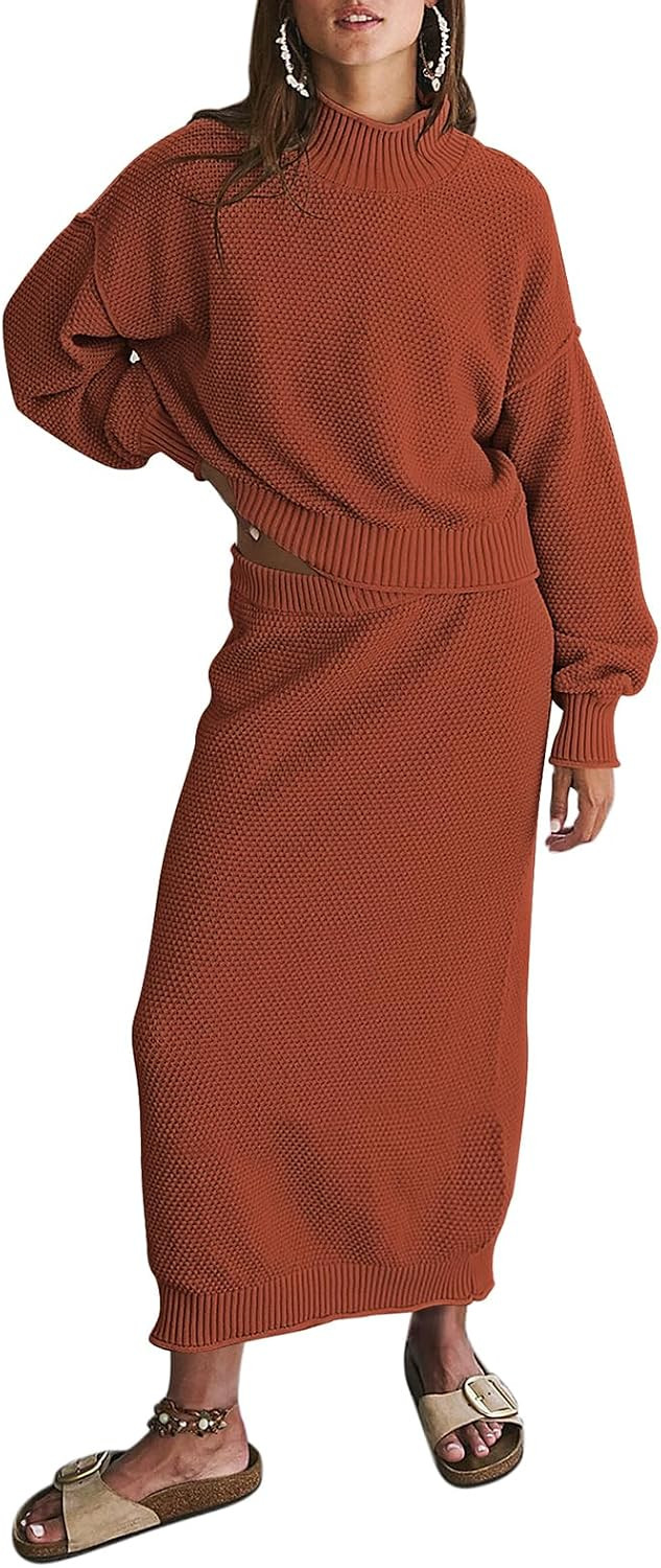 Pink Queen Women's 2 Piece Sweater Set Outfits Long Sleeve Oversized Top Bodycon Maxi Long Skirt Knit Dresses | Amazon (US)