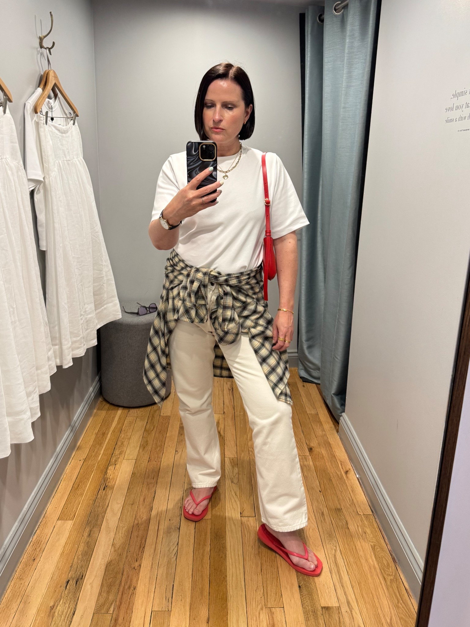 Tonal outfit
White T-shirt
White jeans
Red accessories

#LTKspring #LTKuk #LTKsummer