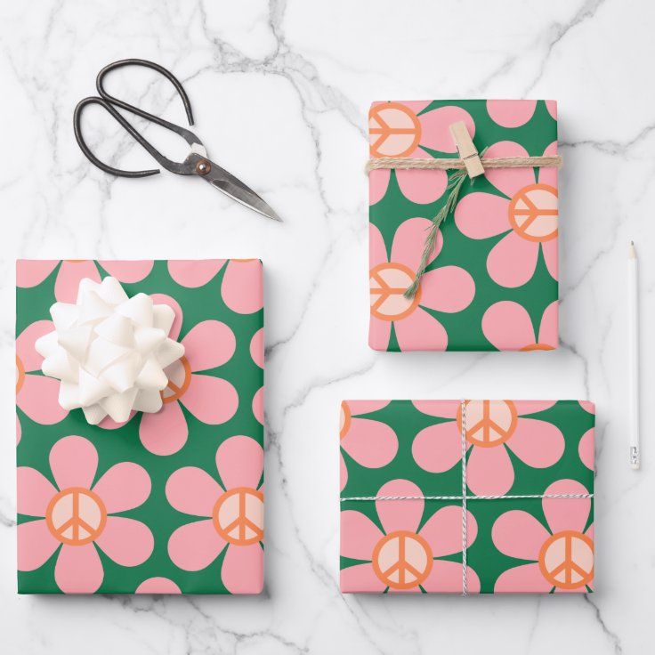 Retro Hippie Peace Sign Flower Green and Pink Wrapping Paper Sheets | Zazzle | Zazzle