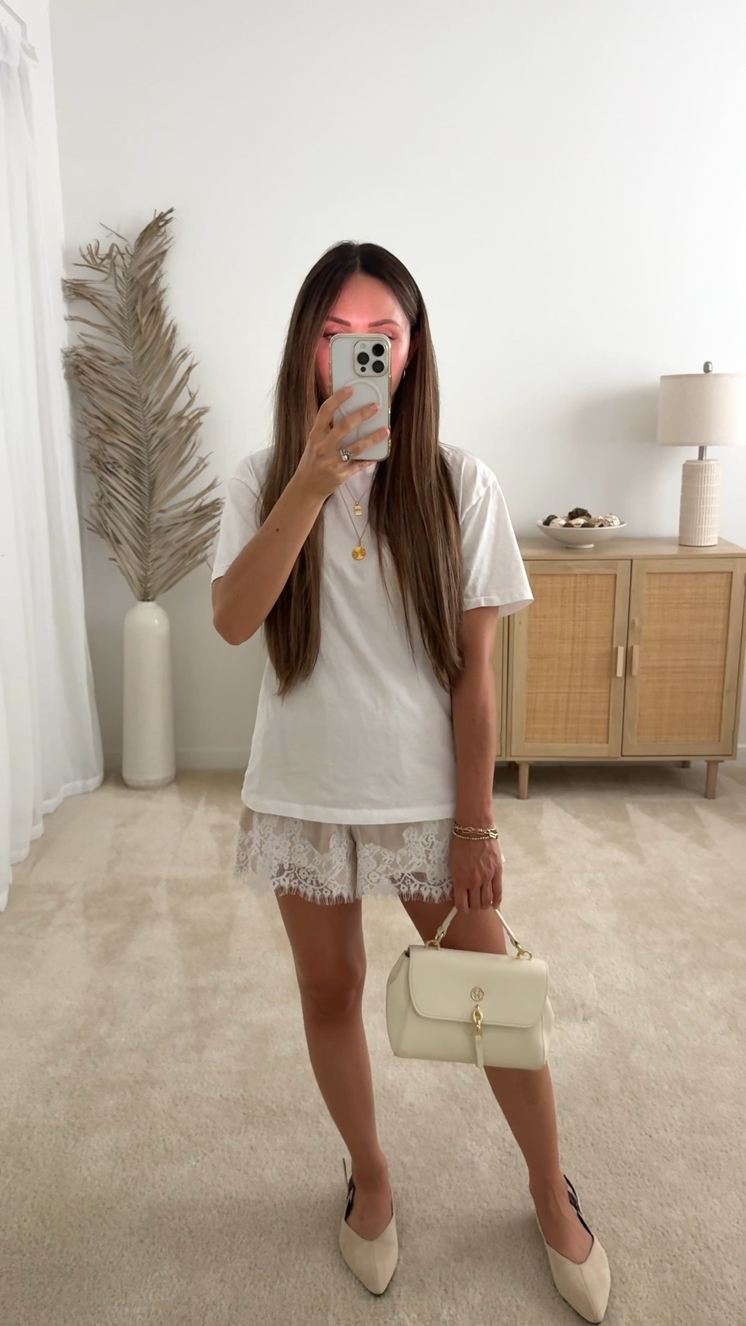 Elevated casual summer outfit idea: white t-shirt, silk lace shorts, slingback flats—perfect for coffee shop dates and brunch! | summer outfits, casual outfit, summer brunch outfit, lace shorts outfit, white t-shirt outfit, neutral outfit, minimalist style, petite fashion, amazon fashion, amazon outfit // neutrallynicole, @neutrallynicole, neutrallynicole.com, Neutrally Nicole

#LTKootd #LTKPetite #LTKSaleAlert
