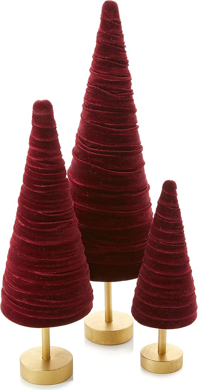 Set of 3 Burgundy Pedestal Velvet Trees, Holiday Mantel Accents, Rich Elegant Charm, Cozy Handcra... | Amazon (US)