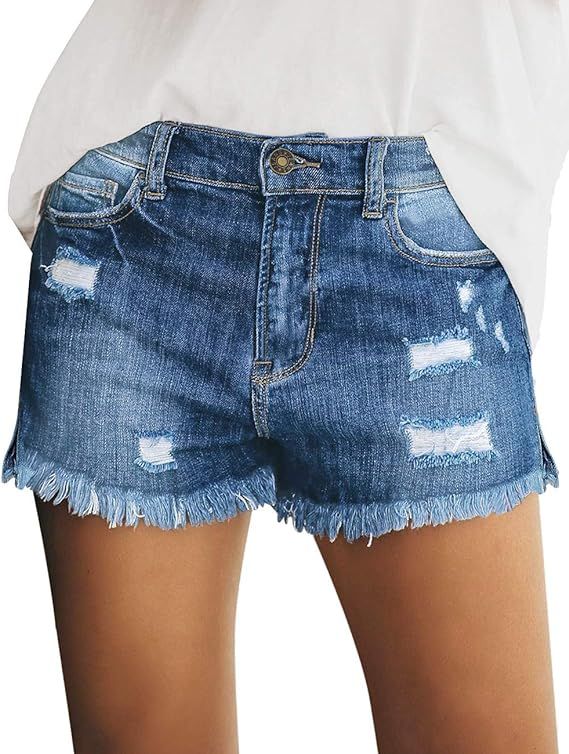 Vetinee Women's Mid Rise Frayed Raw Hem Ripped Destroyed Denim Shorts Jeans | Amazon (US)
