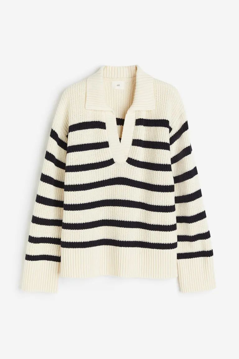 Rib-knit Polo Sweater - Cream/black striped - Ladies | H&M US | H&M (US + CA)
