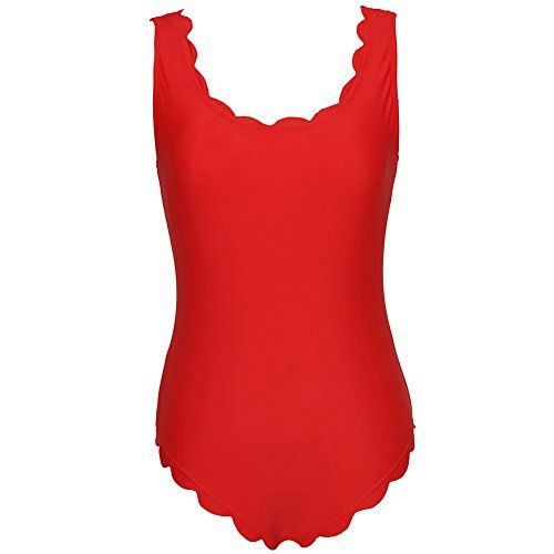 JABERAI Retro Scalloped One Piece Swimsuit, Padded Backless Swimsuit For Women (Red-L) | Amazon (US)