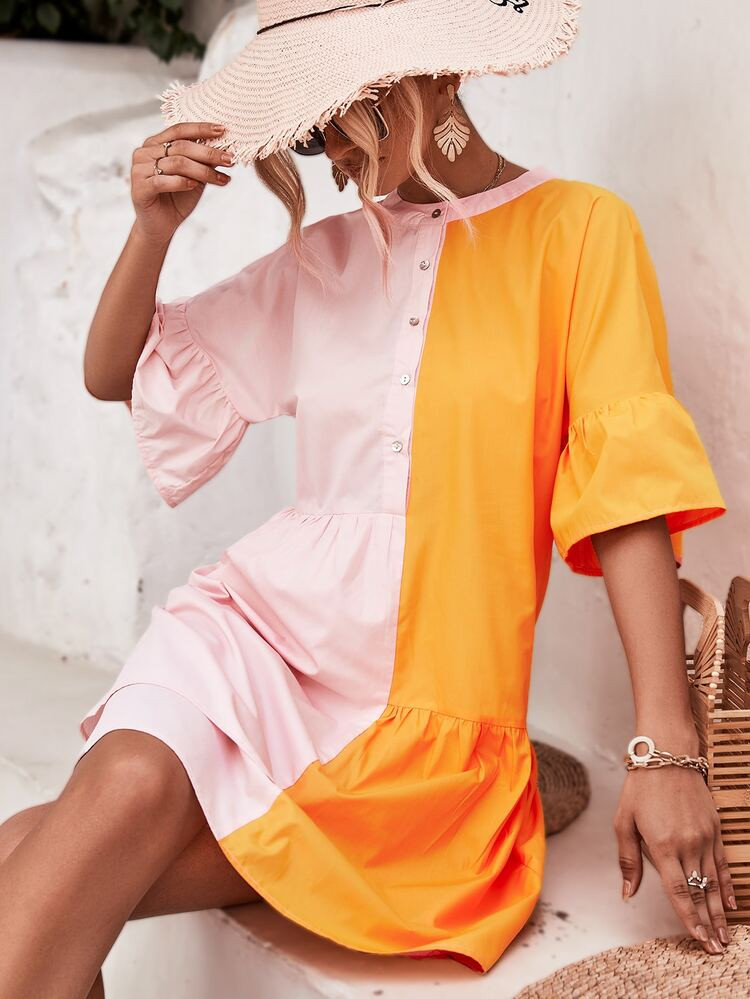 Two Tone Flounce Sleeve Ruffle Hem Dress | SHEIN