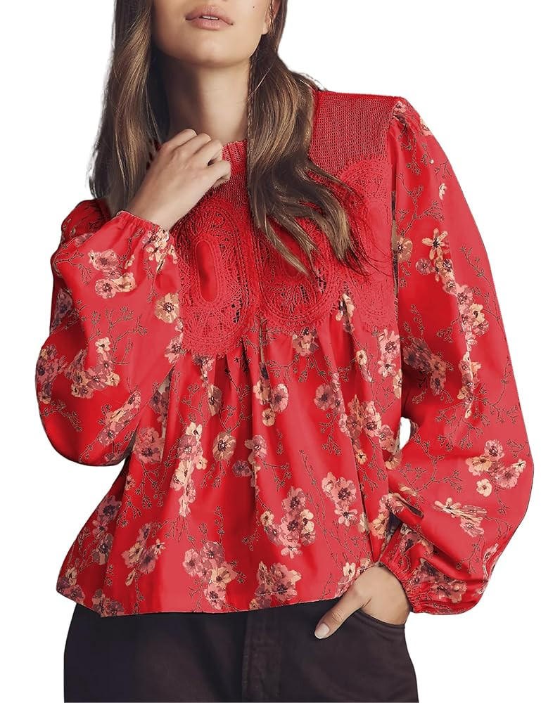 PUWEI Womens Floral Print Lace Blouses Long Sleeve Crew Neck Lace Mesh Poplin Swing Babyboll Tops... | Amazon (US)