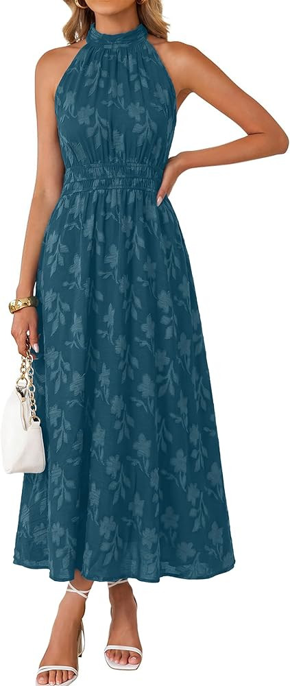 Simplee Womens Summer Halter Maxi Dress Boho Floral Wedding Guest Dress Flowy Sleeveless Long Sun... | Amazon (US)