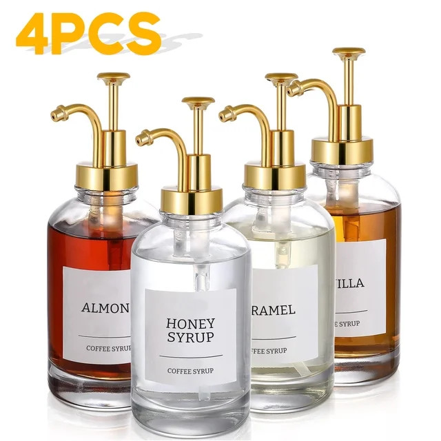 Hyindoor 4PCS Coffee Syrup Dispenser for Coffee Bar with Pump and Labels 16.9oz/500ml Glass Syrup... | Walmart (US)