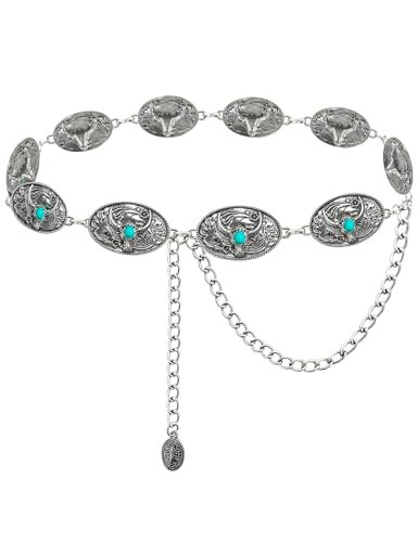 BEMYLV Cowgirl Belts for Women Western Silver Turquoise Concho Belt Cowboy Longhorn Metal Chain Belt for Dresses Jean Country Concert Outfit | Amazon (US)