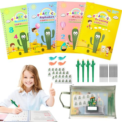 LUCKFUTURE Grooved Handwriting Book Practice, Magic Copybooks for Kids Reusable Handwriting Practice Set, Preschool Calligraphy Workbook with a Storage Bag for Easy Use | Amazon (US)