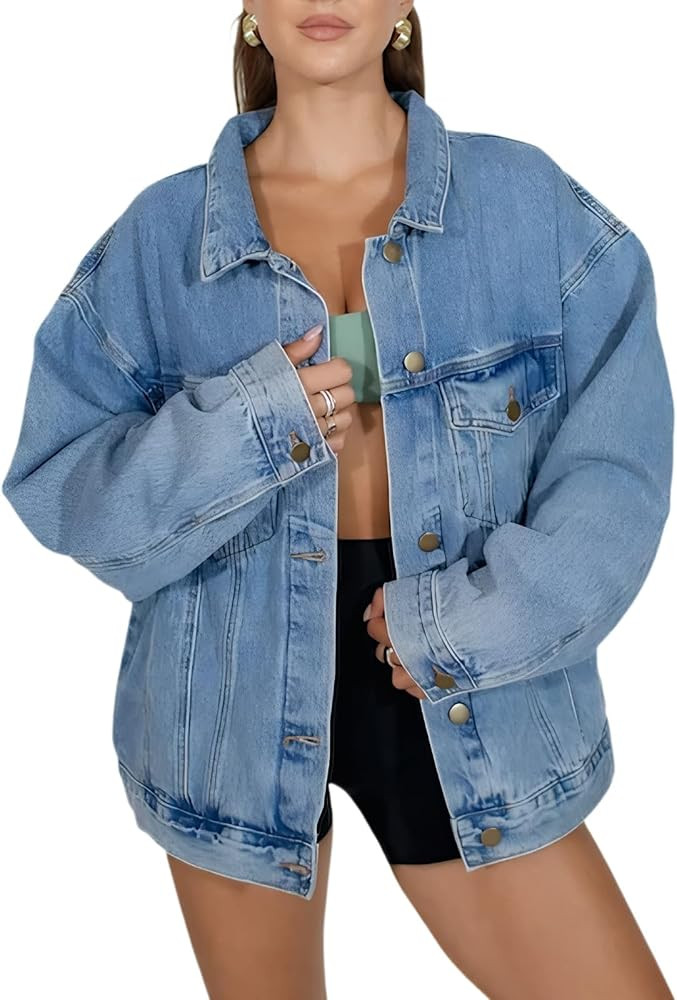 Oversized Jean Jacket for Women Trendy Spring Boyfriend Denim Jackets Loose Shacket Coats 2026 | Amazon (US)