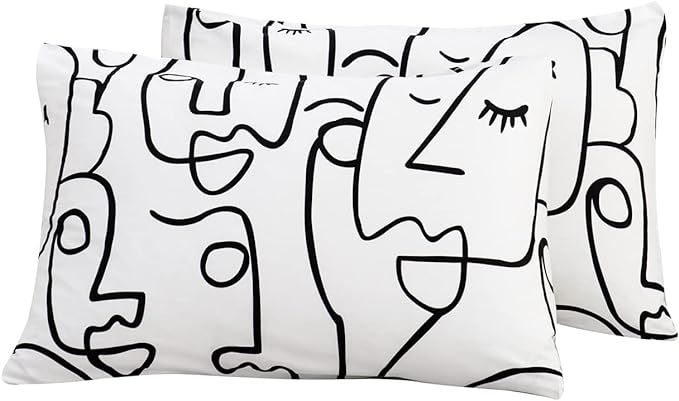 YuHeGuoJi Pillow Cases 100% Cotton Queen Size Set of 2 Abstract Face Print Bed Pillow Covers Whit... | Amazon (US)