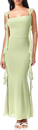 CIDER Formal Dresses for Women Wedding Guest Dresses Summer Maxi Dress Sleeveless Mesh Ruffle Coc... | Amazon (US)