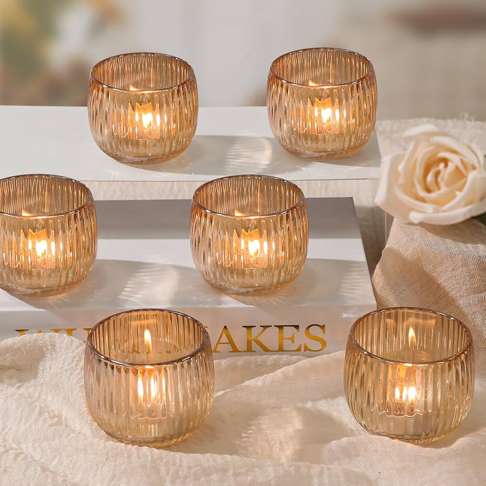 Set of 6 Ribbed Glass Votive Candle Holders, Gold Glass Tealight Holders for Taper Candles - Eleg... | Amazon (US)