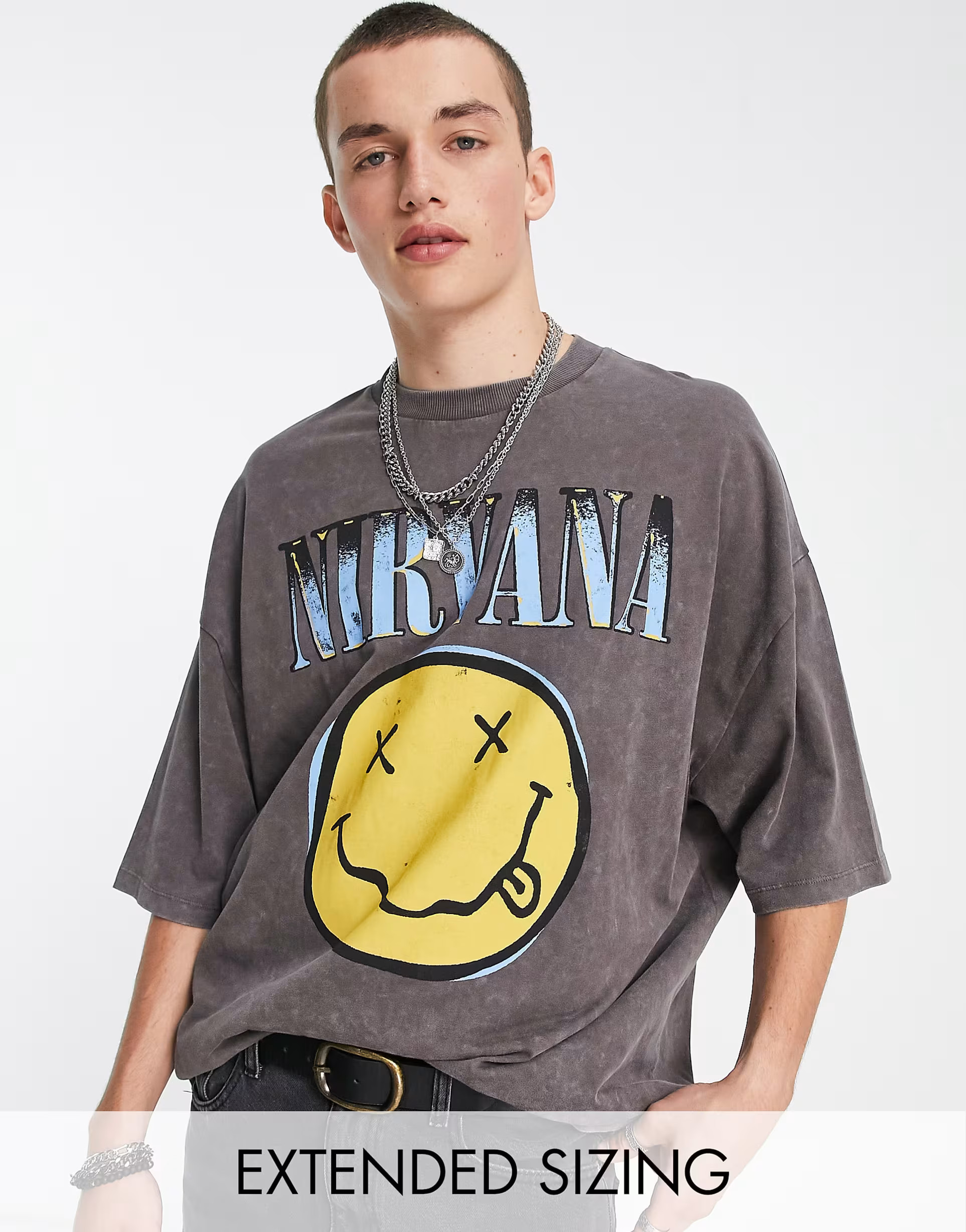 ASOS DESIGN oversized t-shirt with Nirvana smiley graphic print in washed black | ASOS (Global)