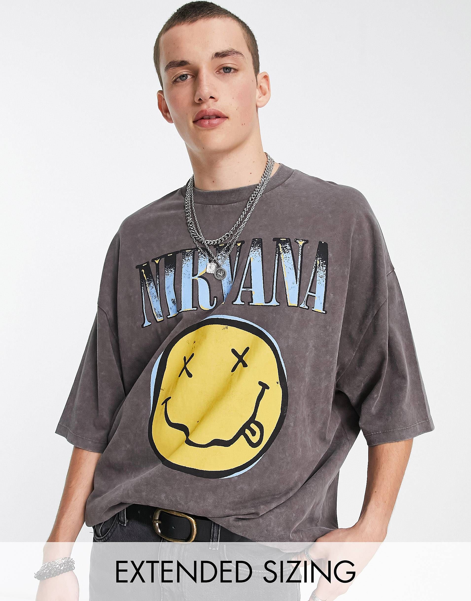 ASOS DESIGN oversized t-shirt with Nirvana smiley graphic print in washed black | ASOS (Global)