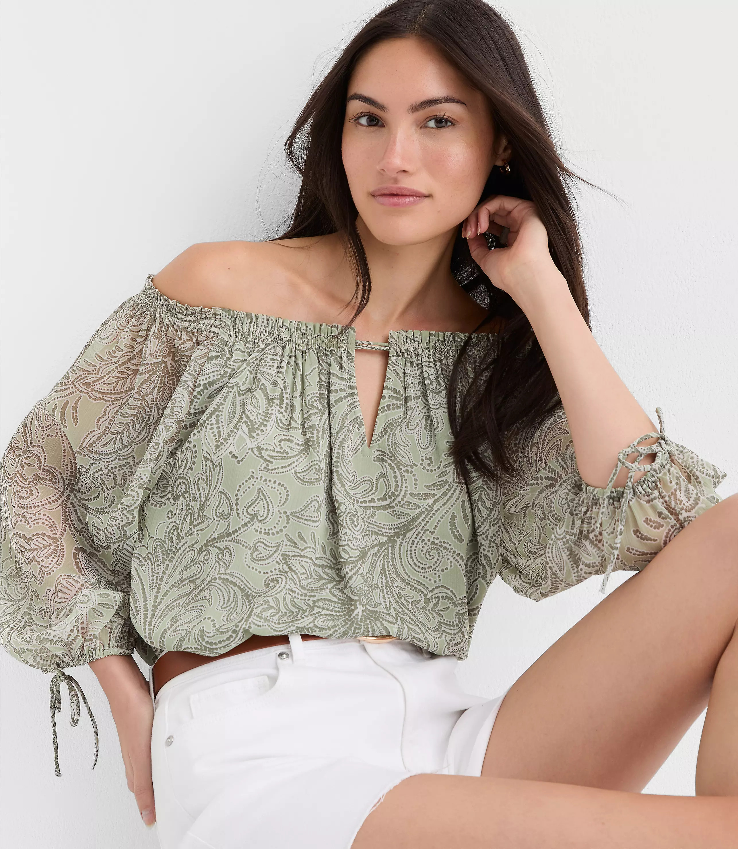 Floral Tie Cuff Off The Shoulder Blouse | LOFT