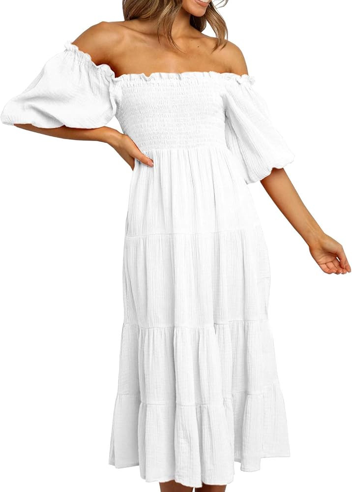 R.Vivimos Women's Summer Linen Lantern Sleeves Ruffled Off Shoulder A-Line Midi Dresses | Amazon (US)