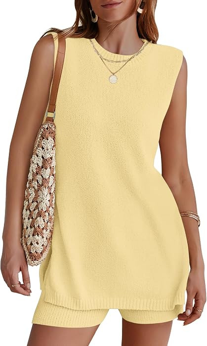 NENONA Women's Summer Sleeveless Sweater Lounge Sets Casual Loose Fit Tunic Tops and Shorts 2 Piece Beach Vacation Outfits | Amazon (US)