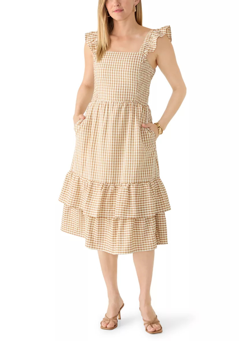 Women's Sleeveless Flutter Sleeve Square Neck Gingham Tiered Midi Midi Dress | Belk