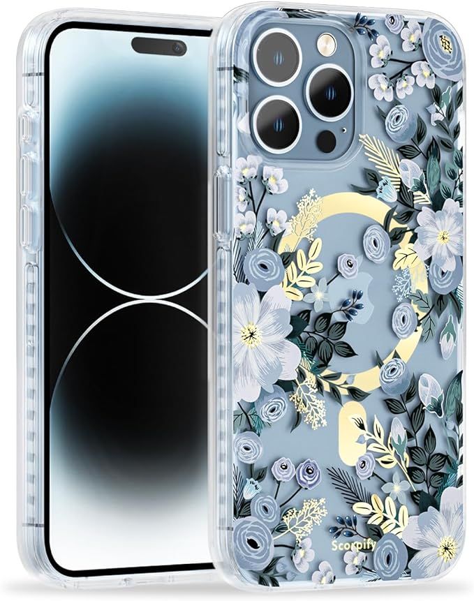 for iPhone 15 Pro Max Case for Blue Nemophila Floral Design [Compatible with MagSafe], Cute Clear... | Amazon (US)