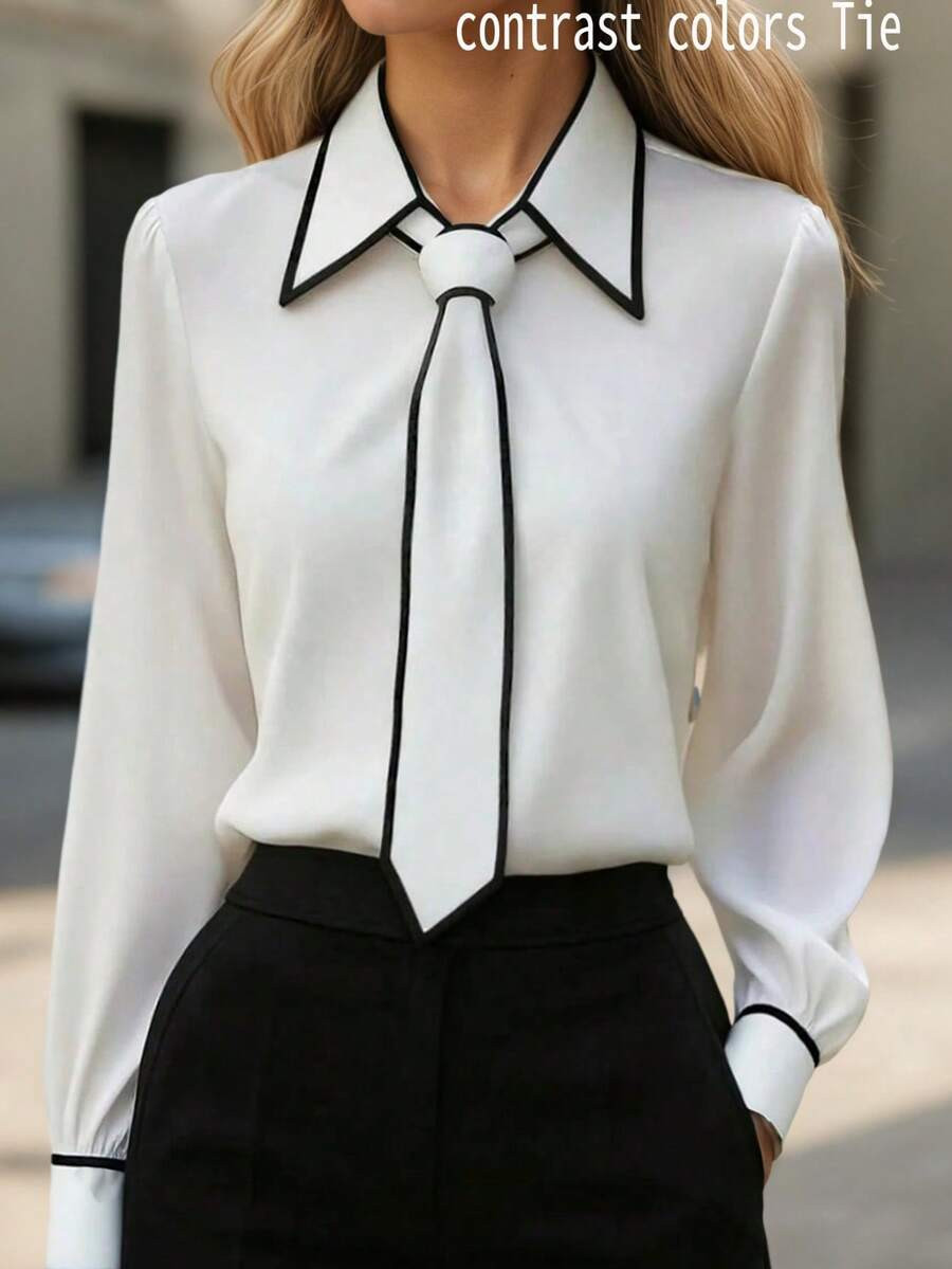 Women's Elegant Minimalist White Blouse, Contrast Trim Collared Long Sleeve Shirt For Daily, Comm... | SHEIN
