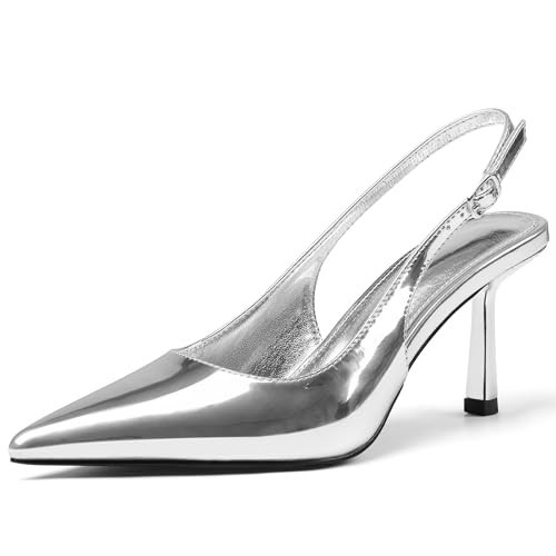 Synchoiss Silver Kitten Heels for Women Pointed Toe Leather Sling Back Heels with Buckle Kitten Stiletto Dress Shoes for Women Size 9 | Amazon (US)