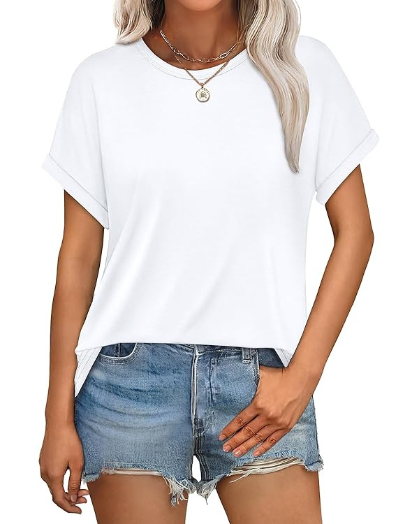 WEESO Womens T Shirts Crew Neck Rolled Short Sleeve Basic Summer Tops 2025 Casual Tees Curved Hem | Amazon (US)
