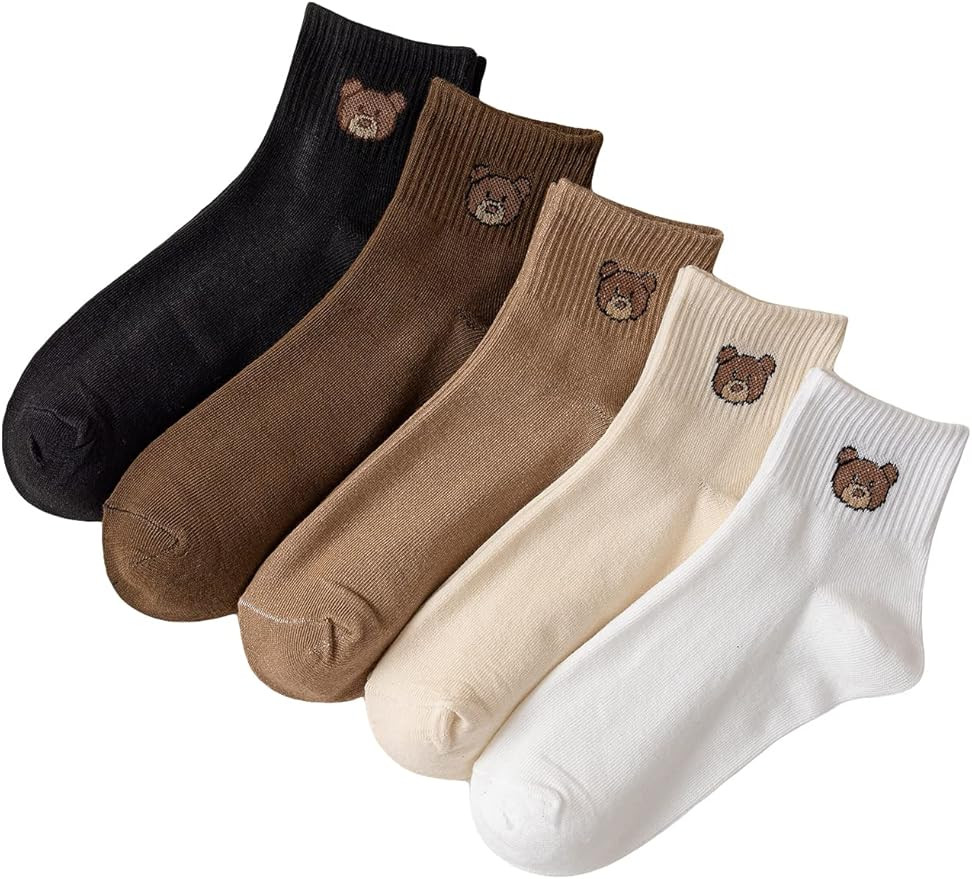 WDIRARA Women's 5 Pairs Cartoon Bear Embroidery Socks Casual Comfy Crew Socks | Amazon (US)