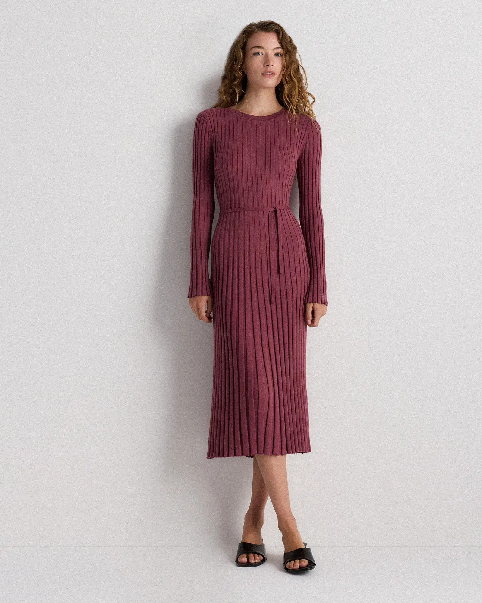 Cotton Cashmere Ribbed Long Sleeve Crew Midi Dress | Quince