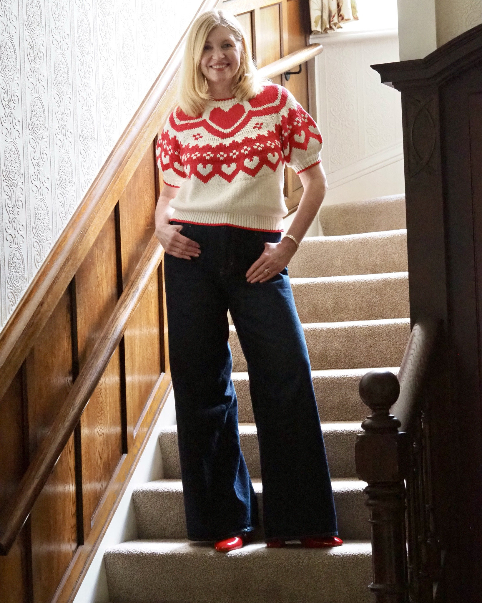 Boden Margot puff sleeve cotton jumper with heart design. Boden wide leg jeans  

#LTKspring #LTKjeans #LTKover50style