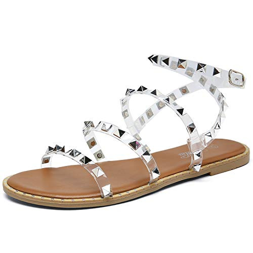 Amazon.com | katliu Women's Flat Sandals Strappy Studded Sandals Gladiator Sandals with Ankle Str... | Amazon (US)