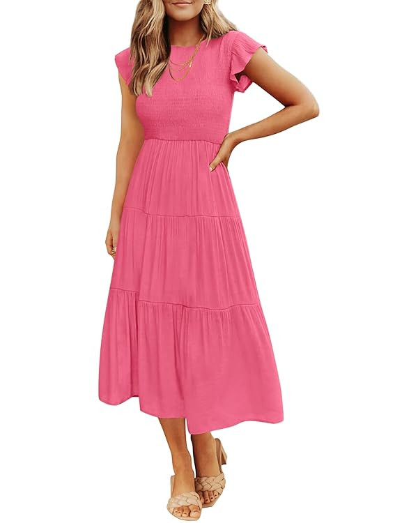 ZESICA Women's 2025 Summer Casual Flutter Short Sleeve Crew Neck Smocked Elastic Waist Tiered Mid... | Amazon (US)