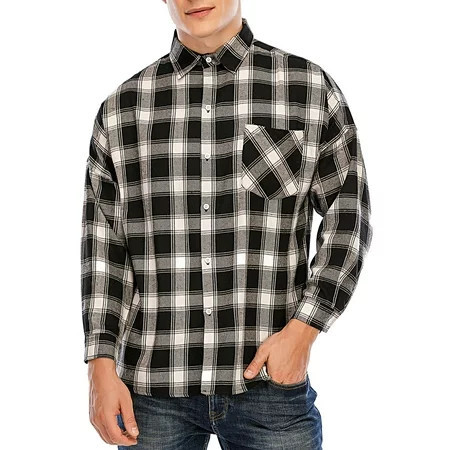 SHCKE Men s Plaid Flannel Shirts Long Sleeve Slim Fit Casual Shirts Button-down Shirts Workshirt with Pockets Plaid Flannel Shirt Mens Shirts Black 5XL/US 2XL size | Walmart (US)