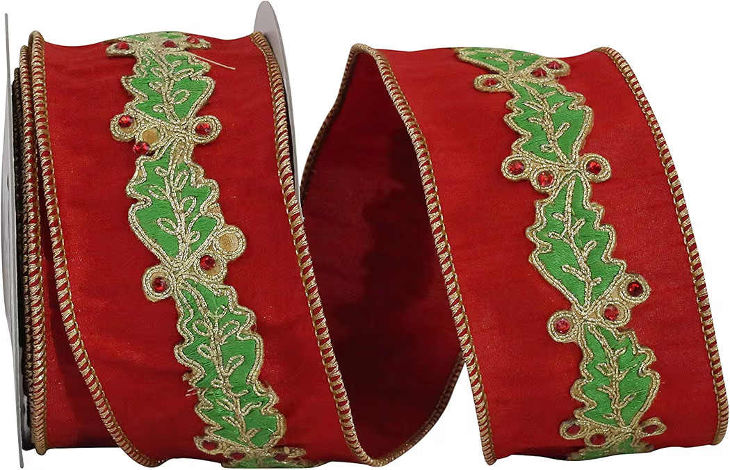 Reliant Ribbon - 93438W-985-40D Holly Leaf Jewel Embrodery Overlay Dupioni Wired Edge Ribbon, 2-1... | Amazon (US)