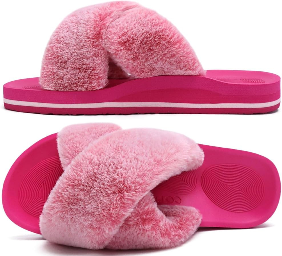 COFACE Womens Fuzzy Slides Fluff Faux Fur Cross Slippers Open Toe Yoga Mat House Slippers Sandals... | Amazon (US)
