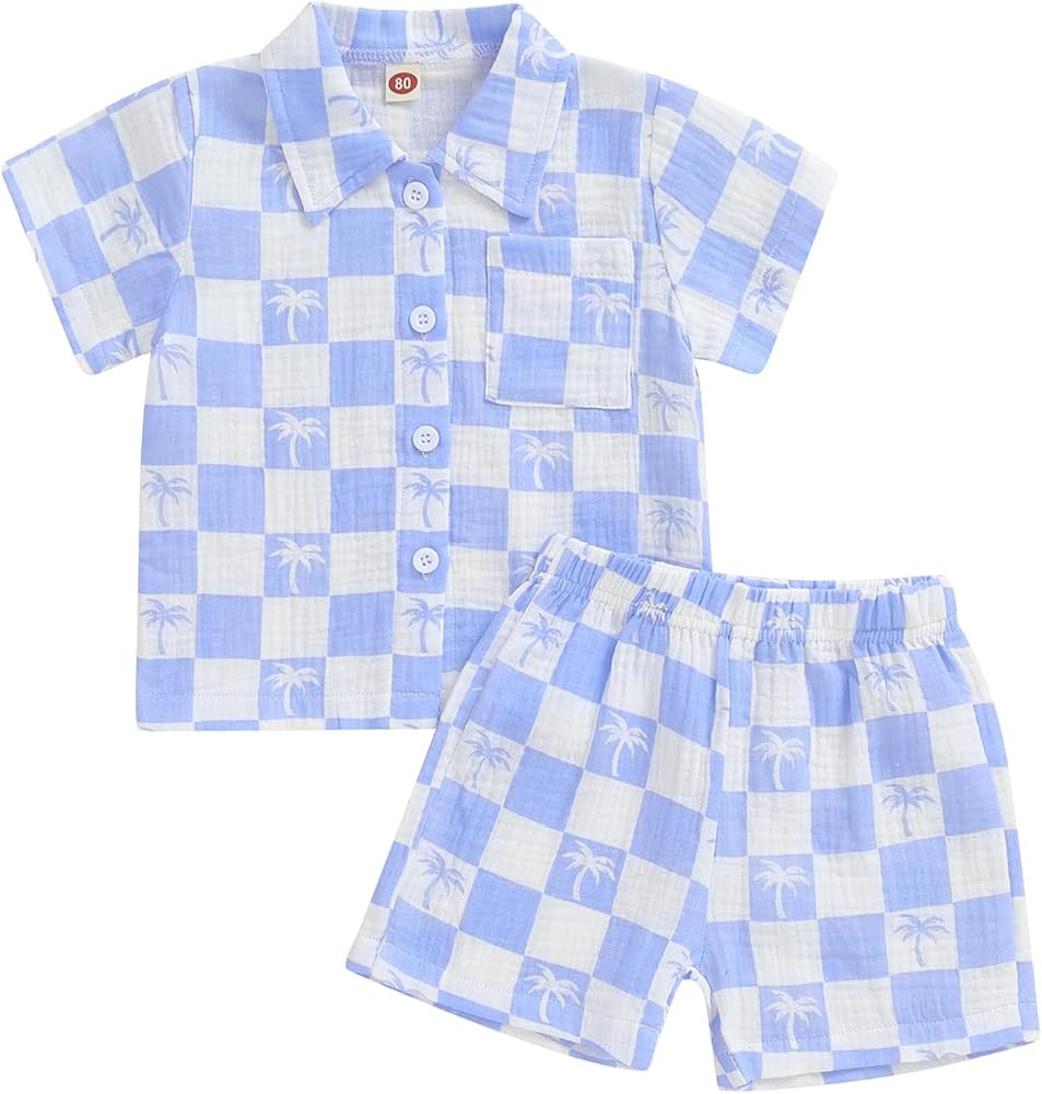 Mandizy Toddler Baby Boy Summer Clothes Checkered Palm Tree Print Shirt Tops and Shorts Set 2Pcs ... | Amazon (US)