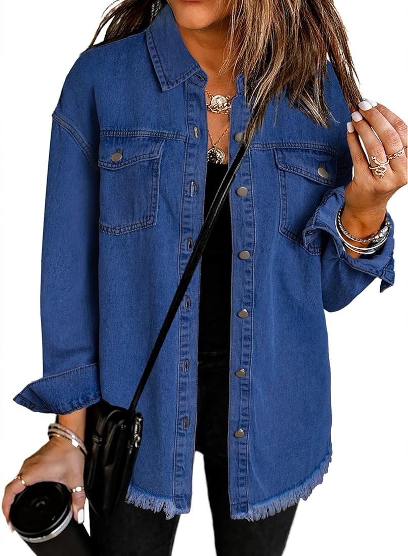 Dokotoo Women's Oversized Denim Jacket Casual Long Boyfriend Distresse Jean Jacket Autumn Spring | Amazon (US)