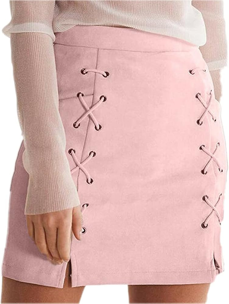 katiewens Women's Classic High Waist Lace Up Bodycon Faux Suede A Line Mini Pencil Skirt | Amazon (US)