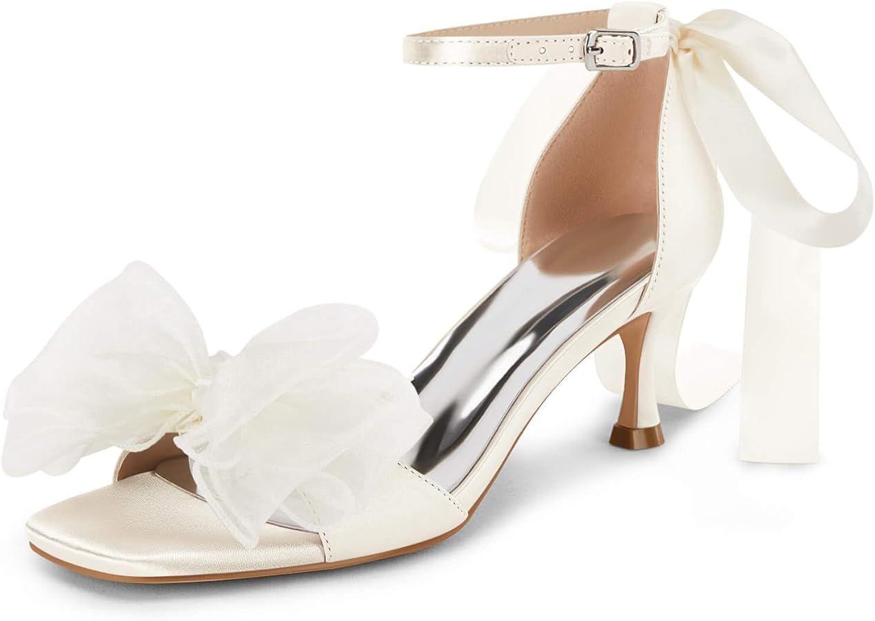 Coutgo Womens Bow Kitten Heels Sandals Square Open Toe Ankle Strap Satin Ribbon Wedding Dress Sho... | Amazon (US)